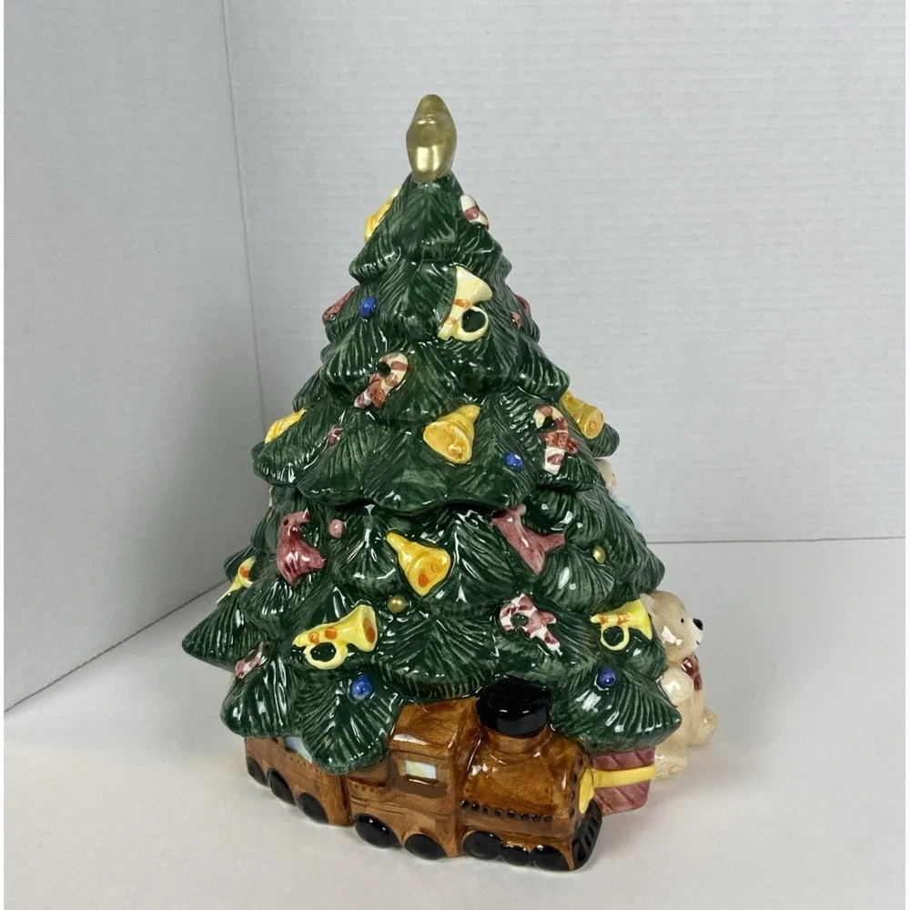 Vtg Earthenware Christmas Tree‎ Cookie Jar w/Lid Home Trends Ceramic Kitchen